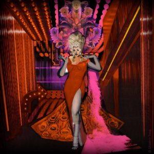 Painted collage by Shadric Toop for the promotion of a new Glyndebourne opera entitled 'Alcina', showing a female character dressed like a showgirl with a peacock feather headdress, surrounded by red neon lights