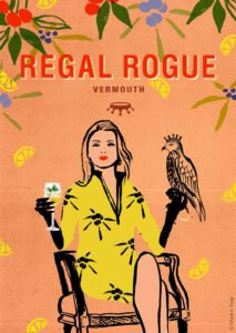 Regal Rogue poster with an illustration by Shadric Toop of a lady in a yellow dress sitting with a drink in one hand and holding a bird of prey in the other