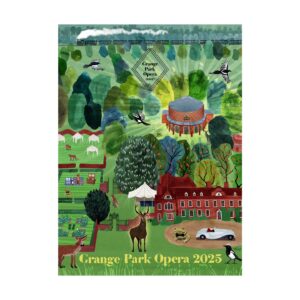 Illustrated aerial view of Grange Park Opera grounds with walled gardens, orchard and opera house for the 2025 season programme cover.