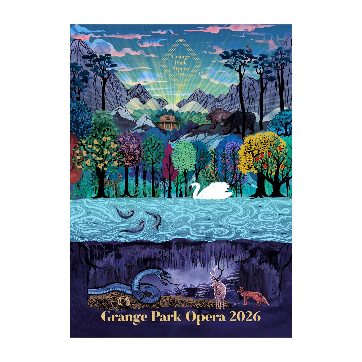 Full Grange Park Opera 2026 Das Rheingold programme cover illustration by Shadric Toop, showing a symbolic landscape with the opera house as Valhalla, surrounded by mountains, forest, river and animal representations of characters.