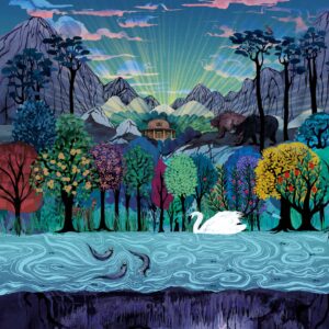 Grange Park Opera 2026 Das Rheingold illustration by Shadric Toop, showing the opera house as Valhalla within a mountainous landscape with forest, river and symbolic animals.